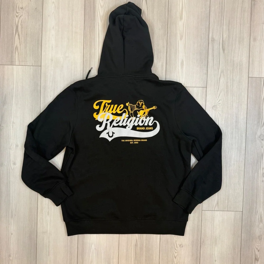 True Religion Mens Old Skool Zip Hoodie Black Fleece Graphic Sweatshirt XL